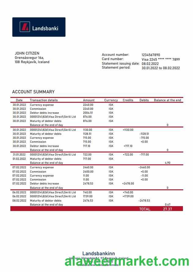 Iceland Landsbankinn bank statement